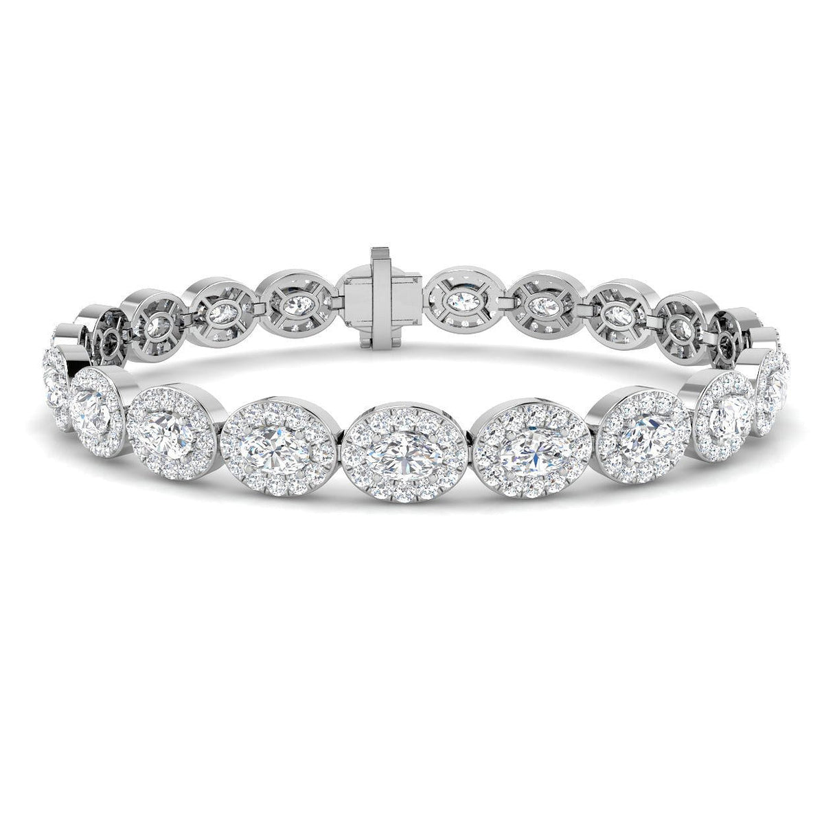 Natural Diamond Oval Halo Tennis Bracelet with Box Clasp and Safety Latch in 10K/14K gold and platinum with certified lab-grown or natural diamonds