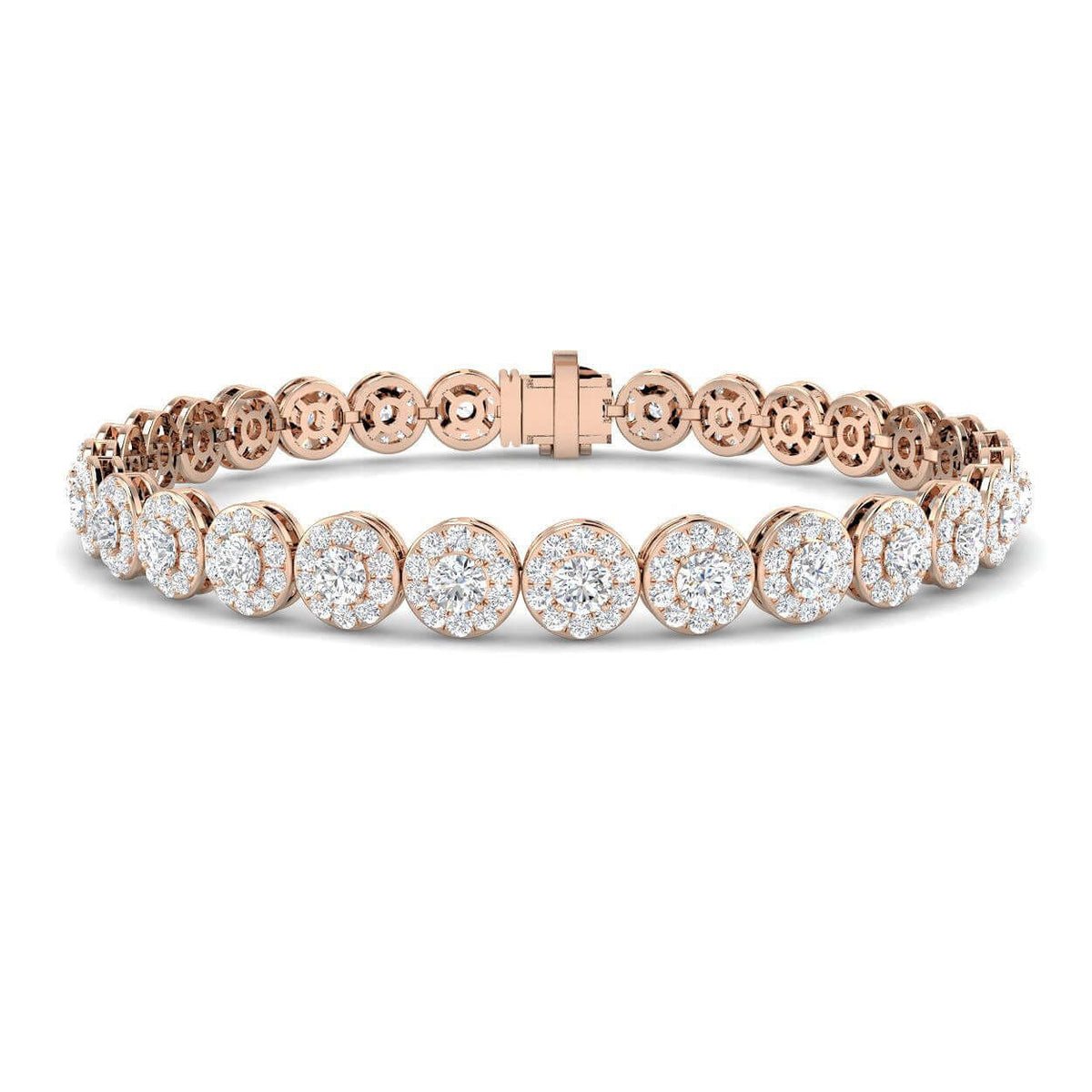 Lab Grown Diamond Halo Tennis Bracelet with Box Clasp & Safety Lock in 10K/14K gold and platinum with certified lab-grown or natural diamonds
