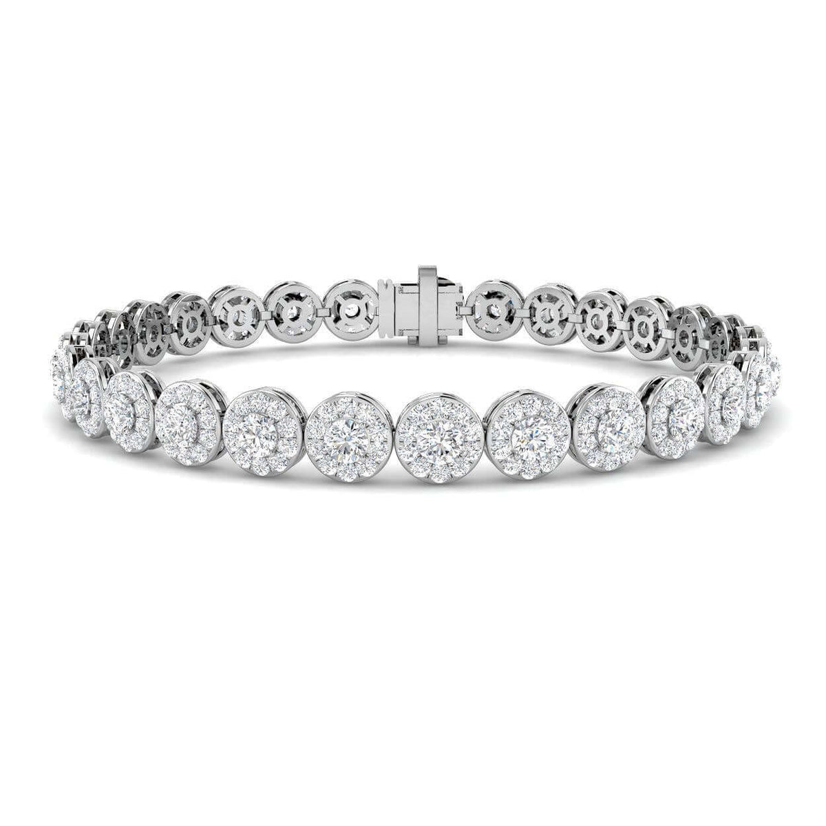 Lab Grown Diamond Halo Tennis Bracelet with Box Clasp & Safety Lock in 10K/14K gold and platinum with certified lab-grown or natural diamonds
