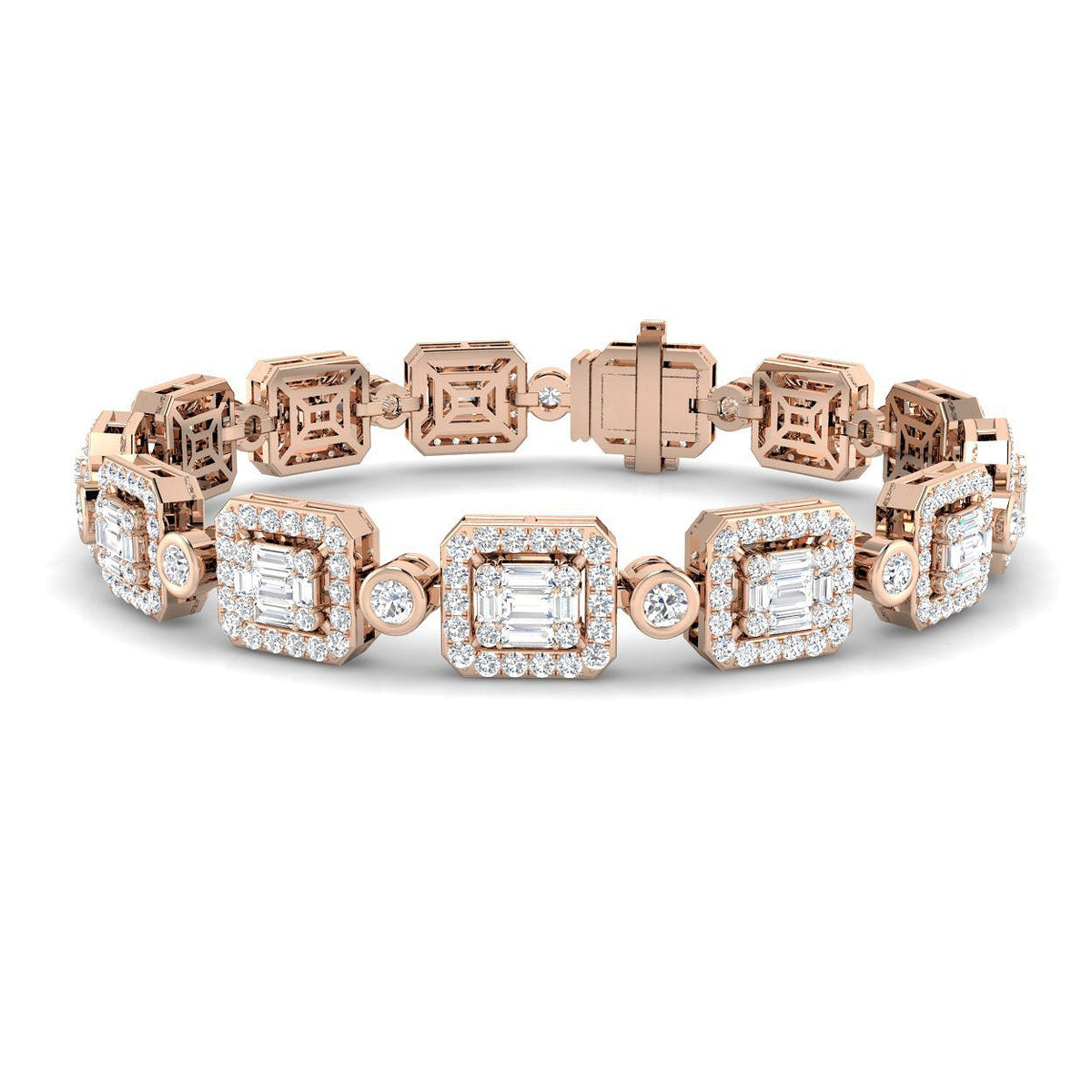 Emerald Cut & Round Diamond Halo Tennis Bracelet with Box Clasp in 10K/14K gold and platinum with certified lab-grown or natural diamonds