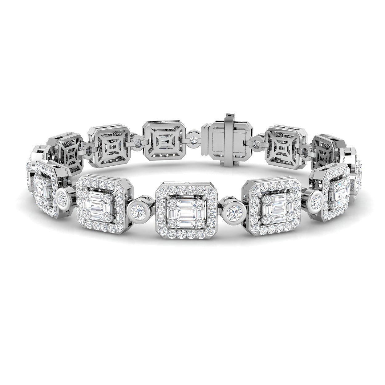 Emerald Cut & Round Diamond Halo Tennis Bracelet with Box Clasp in 10K/14K gold and platinum with certified lab-grown or natural diamonds