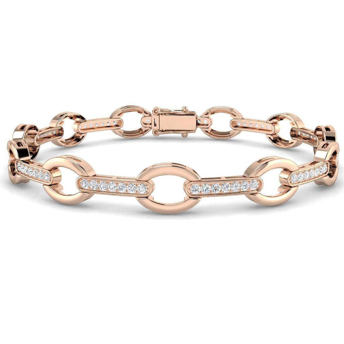 Lab Grown Diamond Open Circle Mariner Link Bracelet with Pave Accents and Box Clasp in 10K/14K gold and platinum with certified lab-grown or natural diamonds