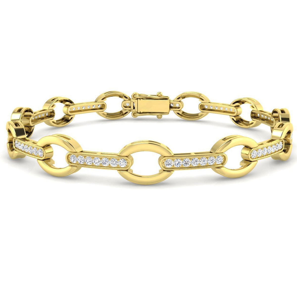 Lab Grown Diamond Open Circle Mariner Link Bracelet with Pave Accents and Box Clasp in 10K/14K gold and platinum with certified lab-grown or natural diamonds