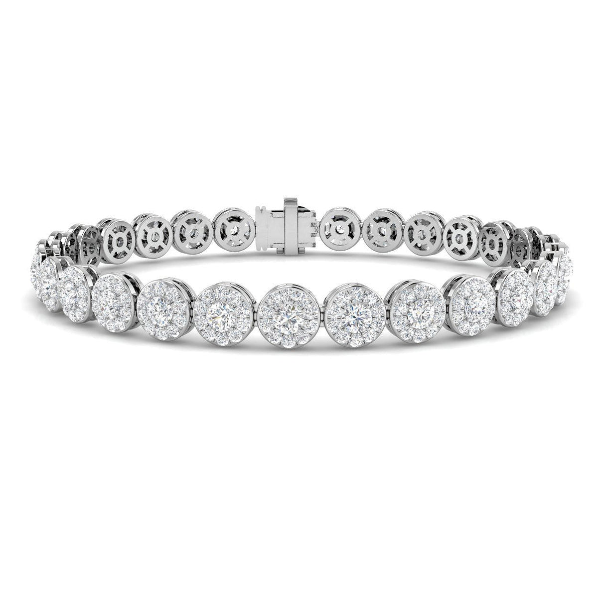 Lab Grown Diamond Halo Tennis Bracelet with Box Clasp & Safety Lock in 10K/14K gold and platinum with certified lab-grown or natural diamonds