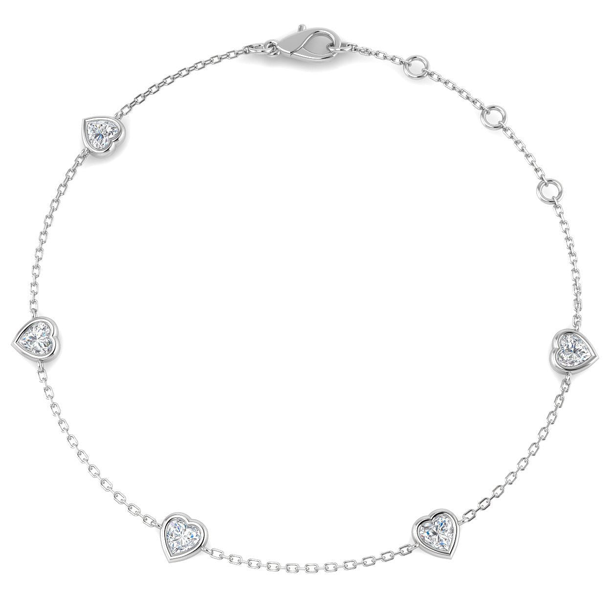 Tiny Heart Cut Natural 5 Stone Diamond Bezel Set Station in Platinum with Lobster Claw in 10K/14K gold and platinum with certified lab-grown or natural diamonds