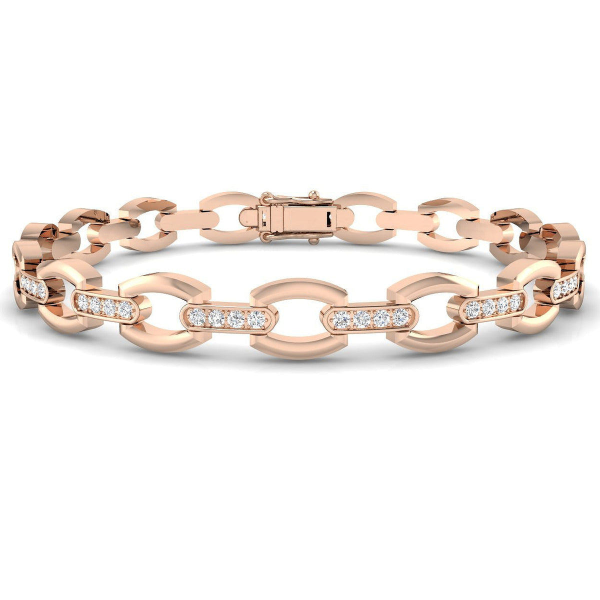 Round Cut Lab Grown Diamond Oval Link Bracelet with Pave Bar Accents in 10K/14K gold and platinum with certified lab-grown or natural diamonds