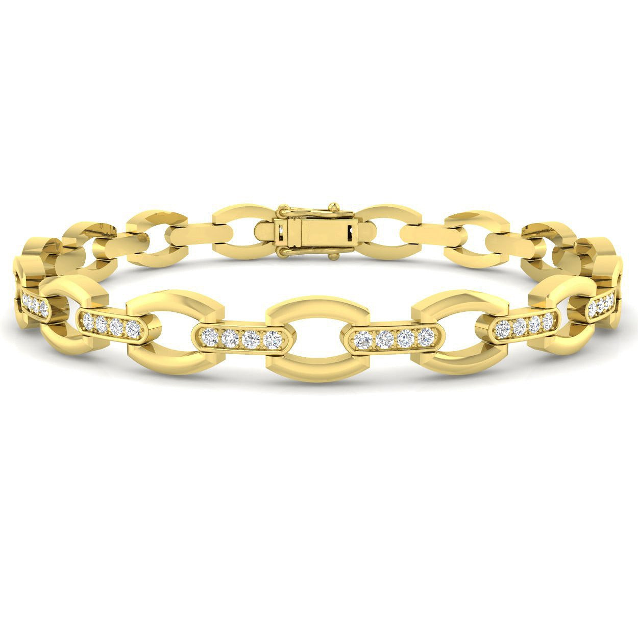 Round Cut Lab Grown Diamond Oval Link Bracelet with Pave Bar Accents in 10K/14K gold and platinum with certified lab-grown or natural diamonds