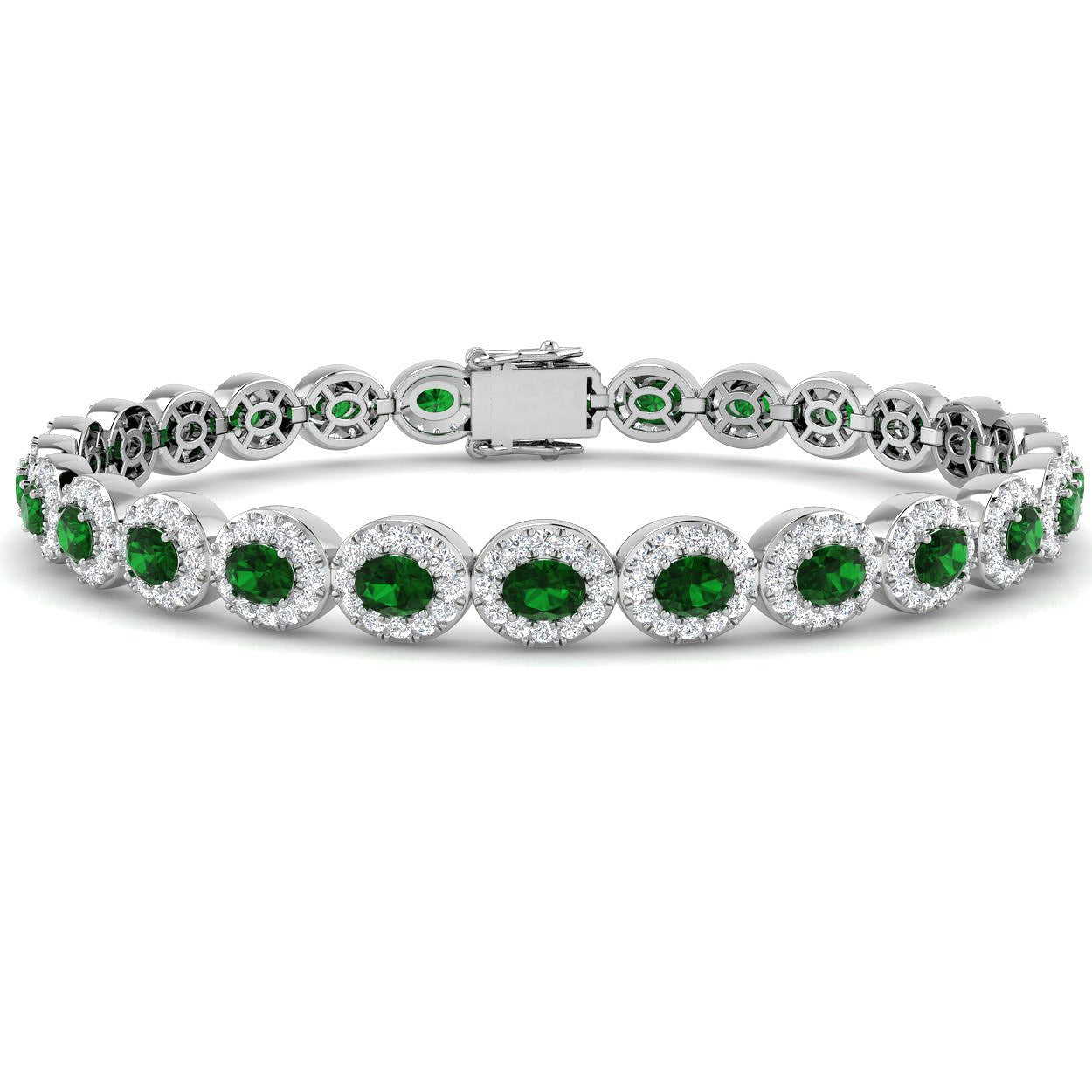 Oval Green Emerald Halo Diamond Tennis Bracelet in 10K/14K gold and platinum with certified lab-grown or natural diamonds