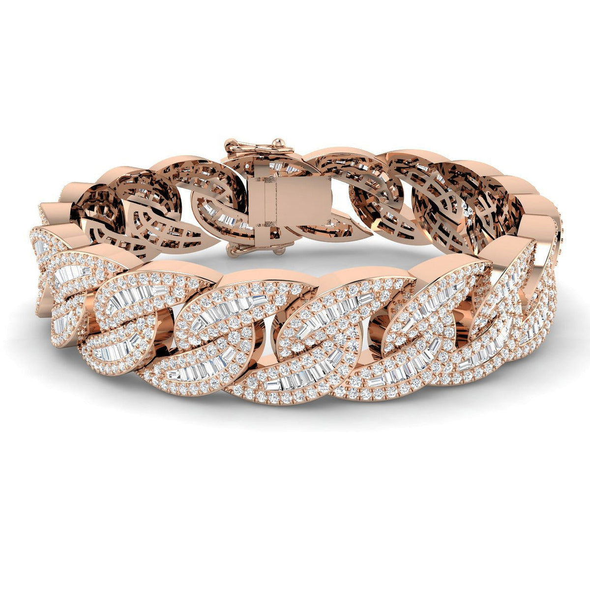 Hip-Hop Style Cuban Link Diamond Bracelet with Baguette & Round Diamonds in 10K/14K gold and platinum with certified lab-grown or natural diamonds