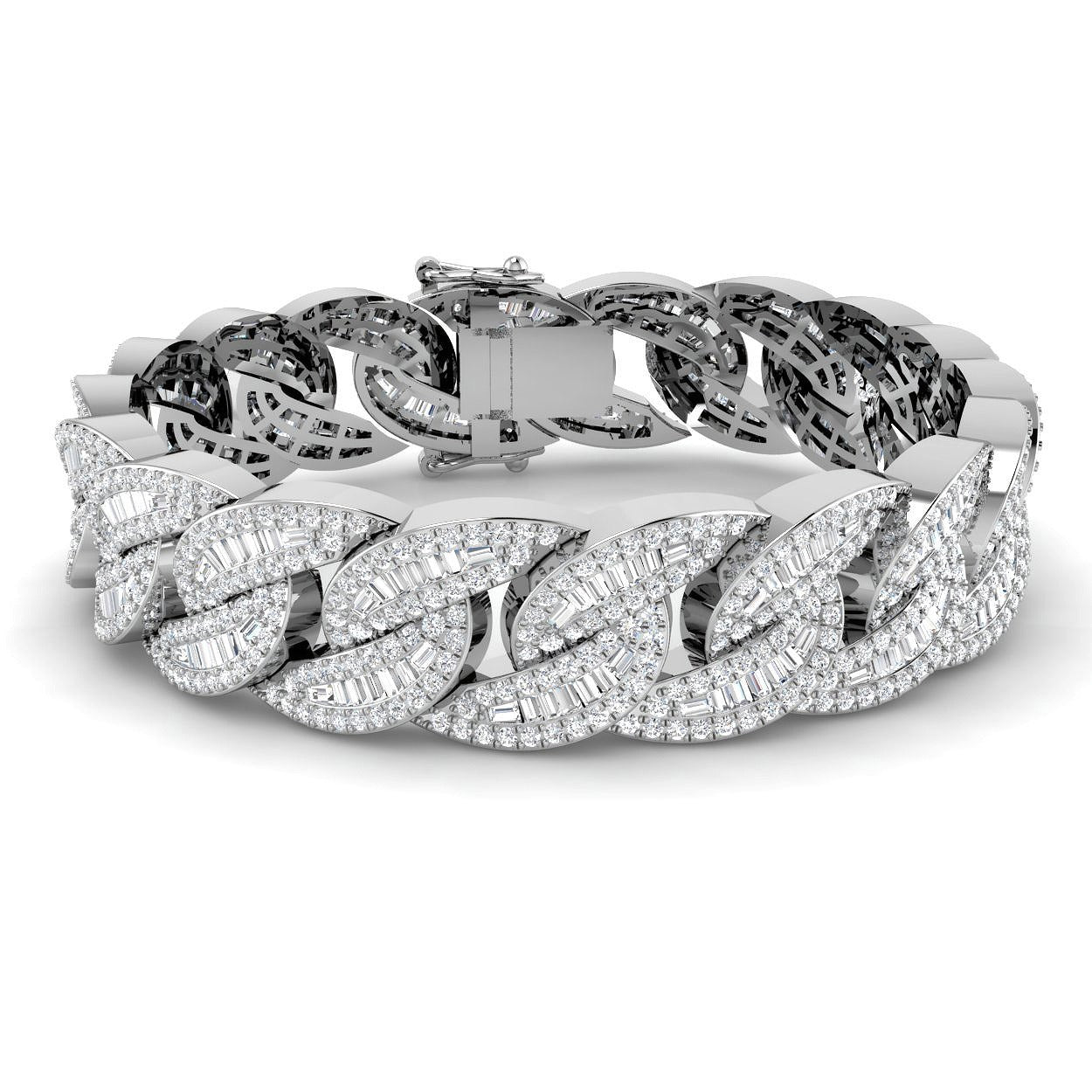 Hip-Hop Style Cuban Link Diamond Bracelet with Baguette & Round Diamonds in 10K/14K gold and platinum with certified lab-grown or natural diamonds