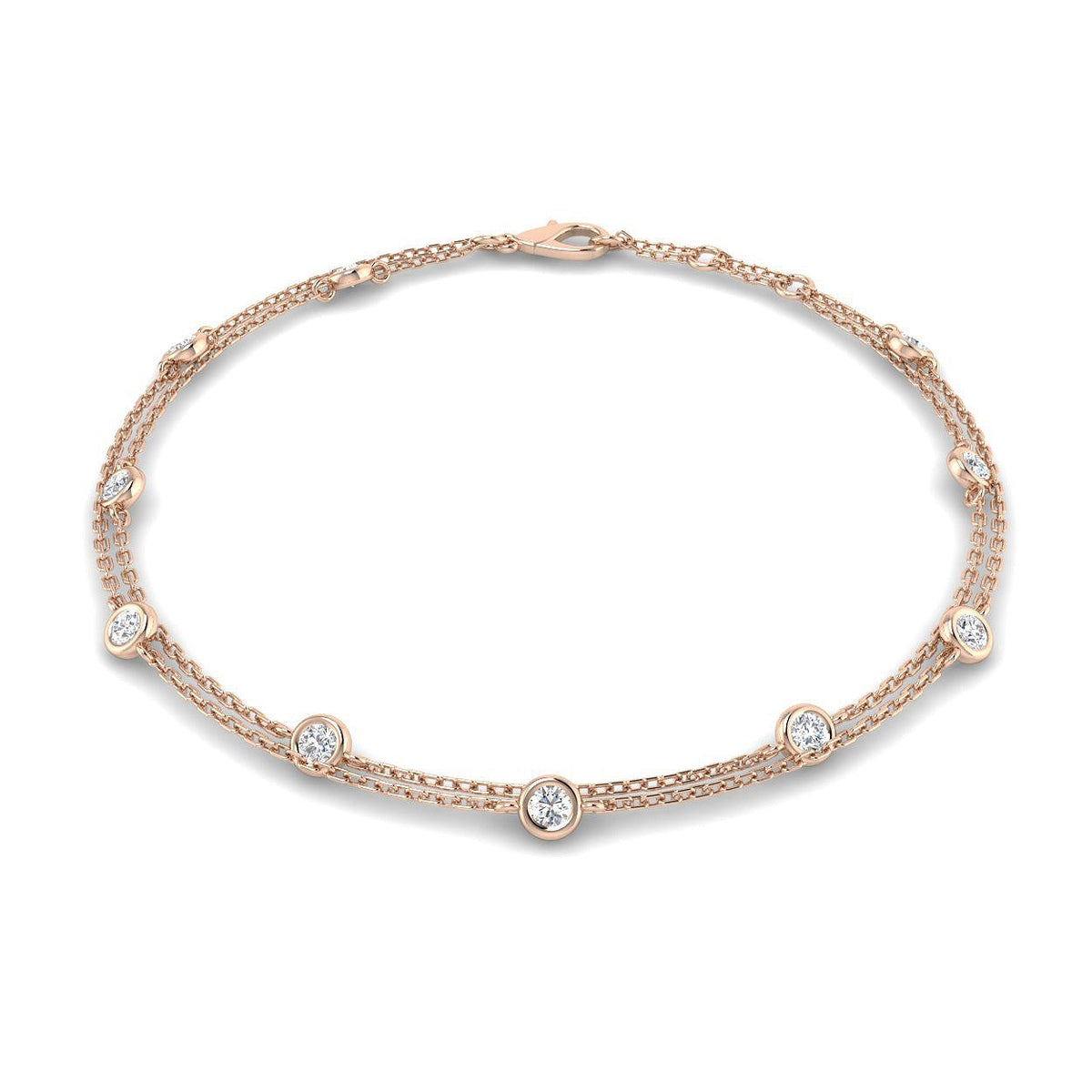 Natural Round Cut Bezel Set with Double Chain Diamond Station Bracelet in 10K/14K gold and platinum with certified lab-grown or natural diamonds