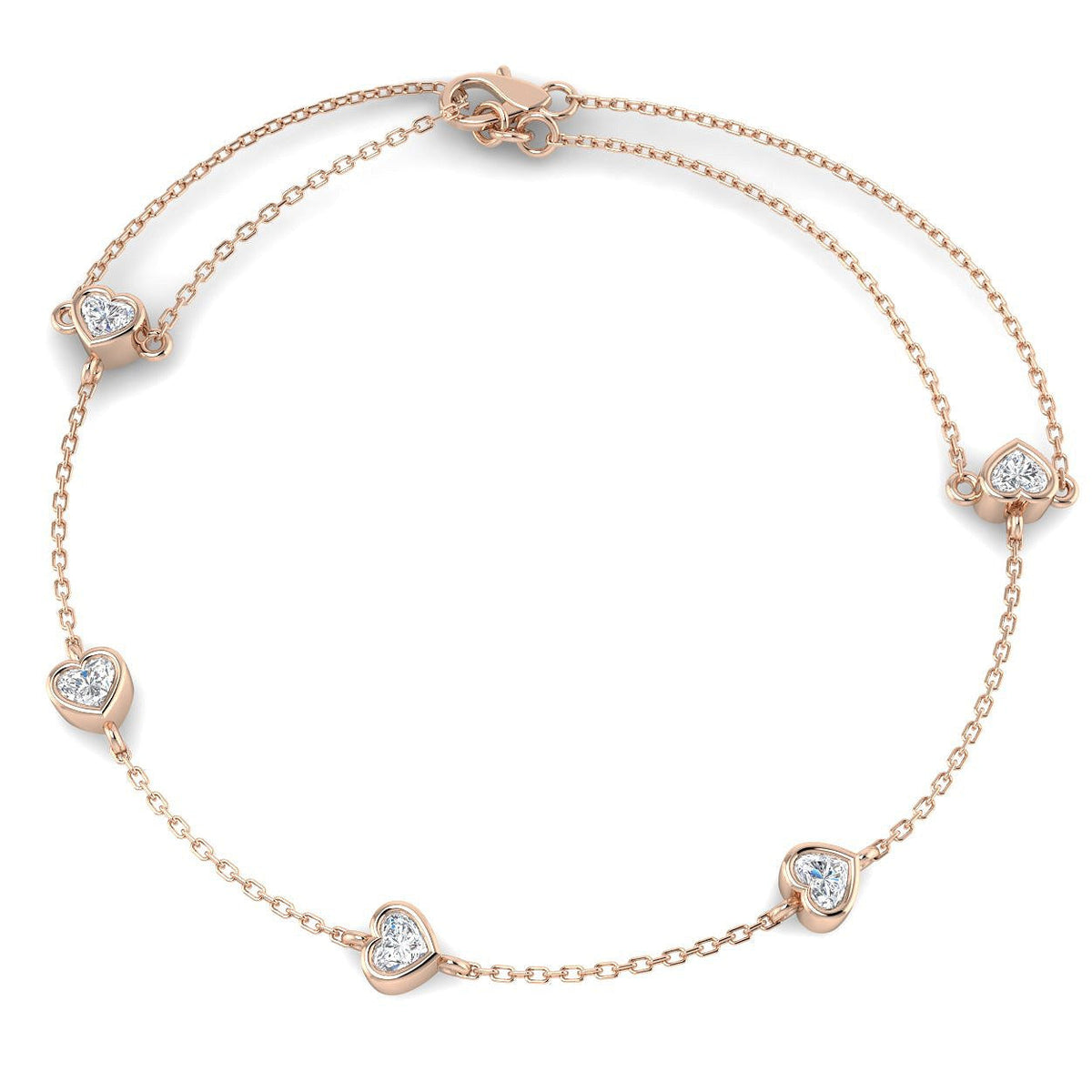 5 Heart Cut Lab Grown Diamond Station Bracelet with Chain - Lobster Claw in 10K/14K gold and platinum with certified lab-grown or natural diamonds