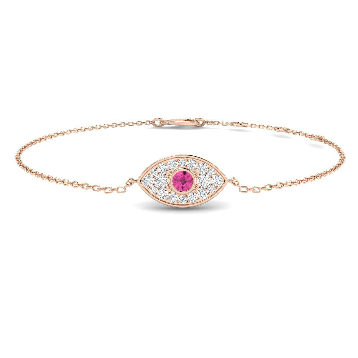 Natural Diamond & Pink Sapphire Cluster Evil Eye Bracelet in 10K/14K gold and platinum with certified lab-grown or natural diamonds