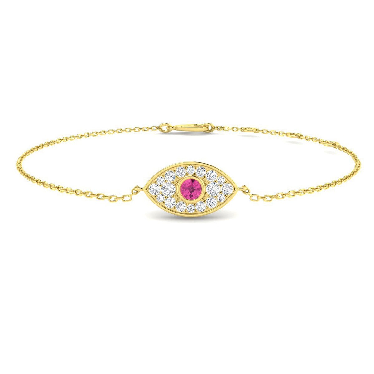 Natural Diamond & Pink Sapphire Cluster Evil Eye Bracelet in 10K/14K gold and platinum with certified lab-grown or natural diamonds