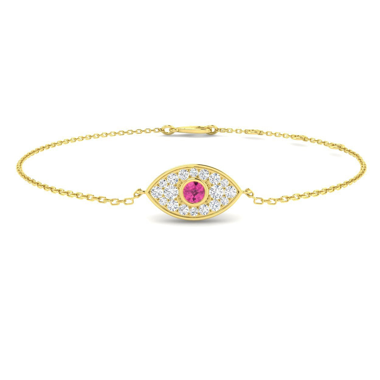 Natural Diamond & Pink Sapphire Cluster Evil Eye Bracelet in 10K/14K gold and platinum with certified lab-grown or natural diamonds