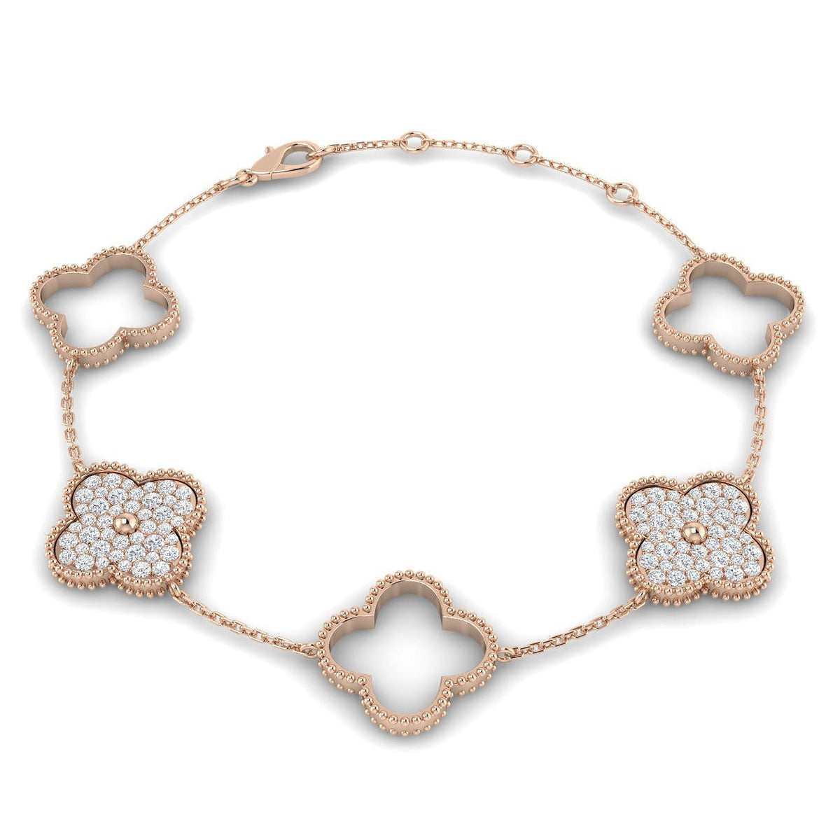 Milgrain Clover Diamond Chain Bracelet in 10K/14K gold and platinum with certified lab-grown or natural diamonds