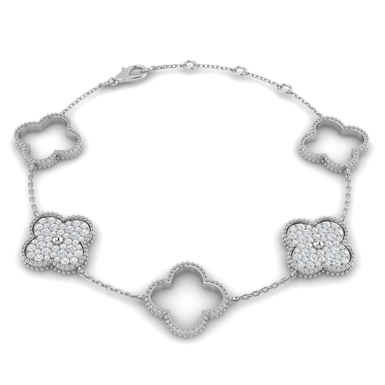 Milgrain Clover Diamond Chain Bracelet in 10K/14K gold and platinum with certified lab-grown or natural diamonds