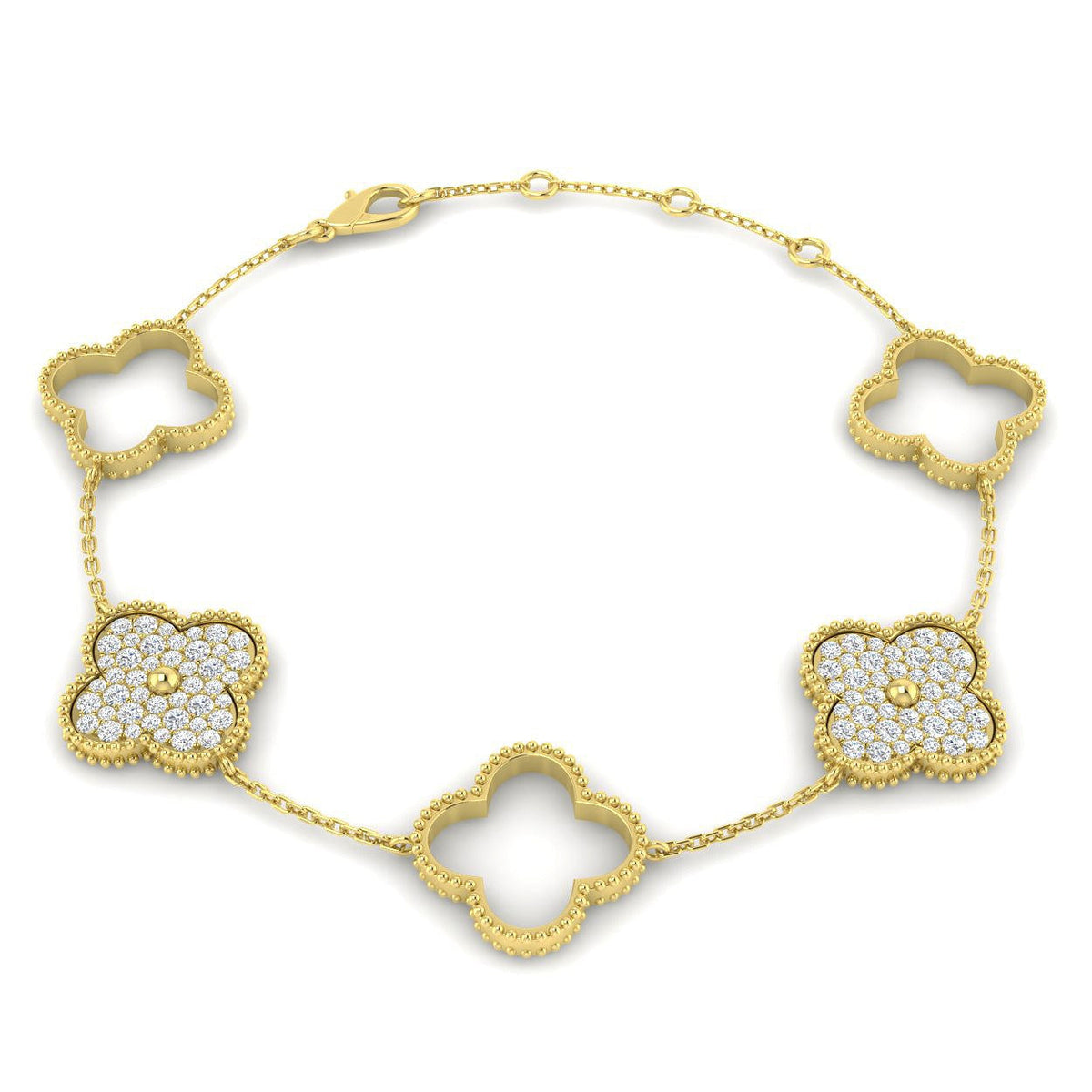 Milgrain Clover Diamond Chain Bracelet in 10K/14K gold and platinum with certified lab-grown or natural diamonds