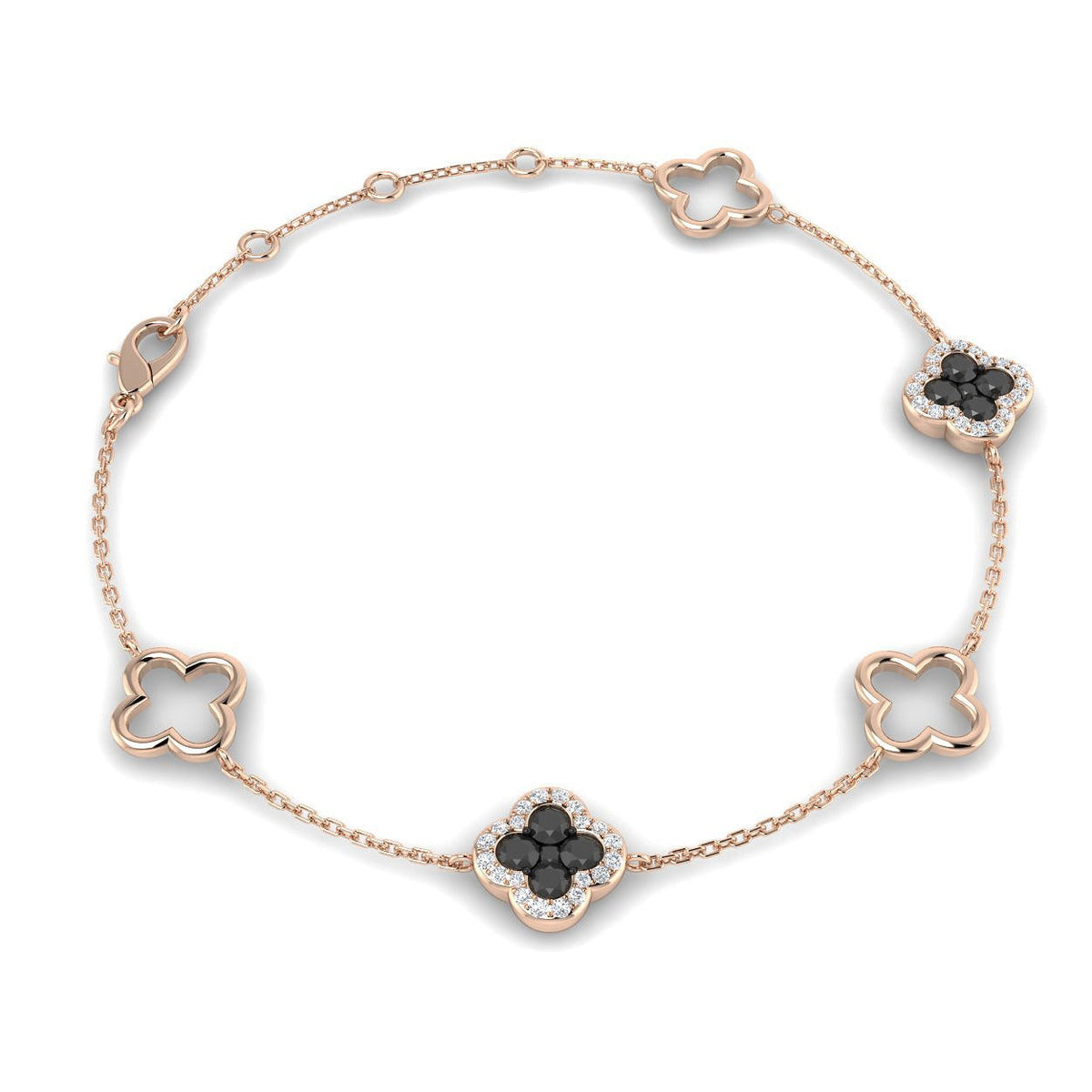 Elegant Natural Round Black Diamond Clover Chain Bracelet in Gold or in 10K/14K gold and platinum with certified lab-grown or natural diamonds