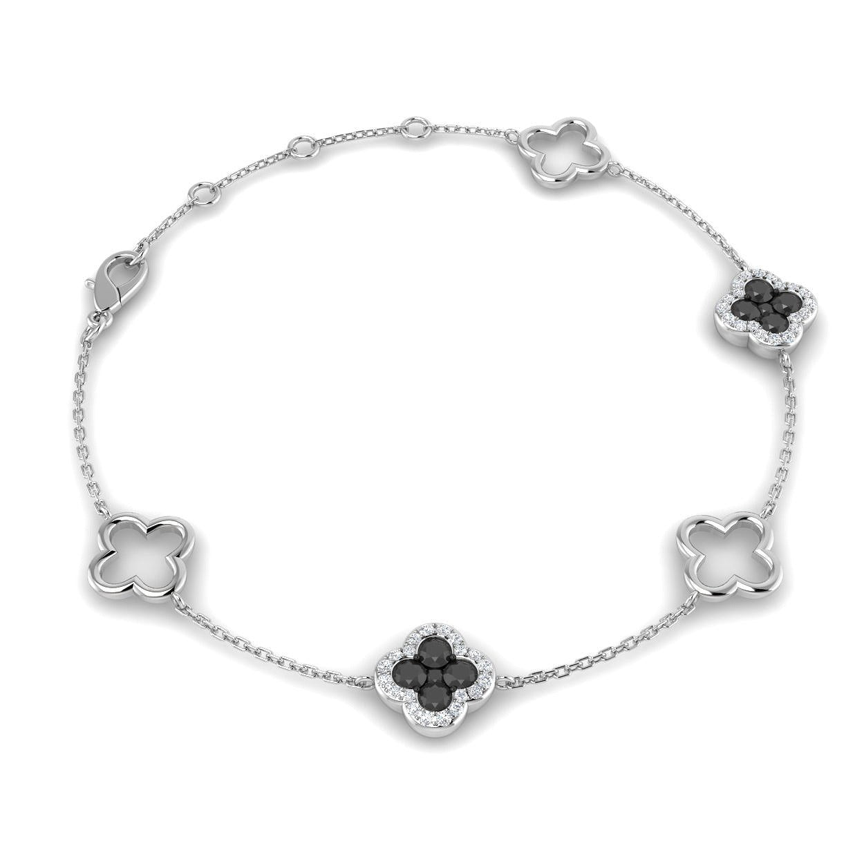 Elegant Natural Round Black Diamond Clover Chain Bracelet in Gold or in 10K/14K gold and platinum with certified lab-grown or natural diamonds