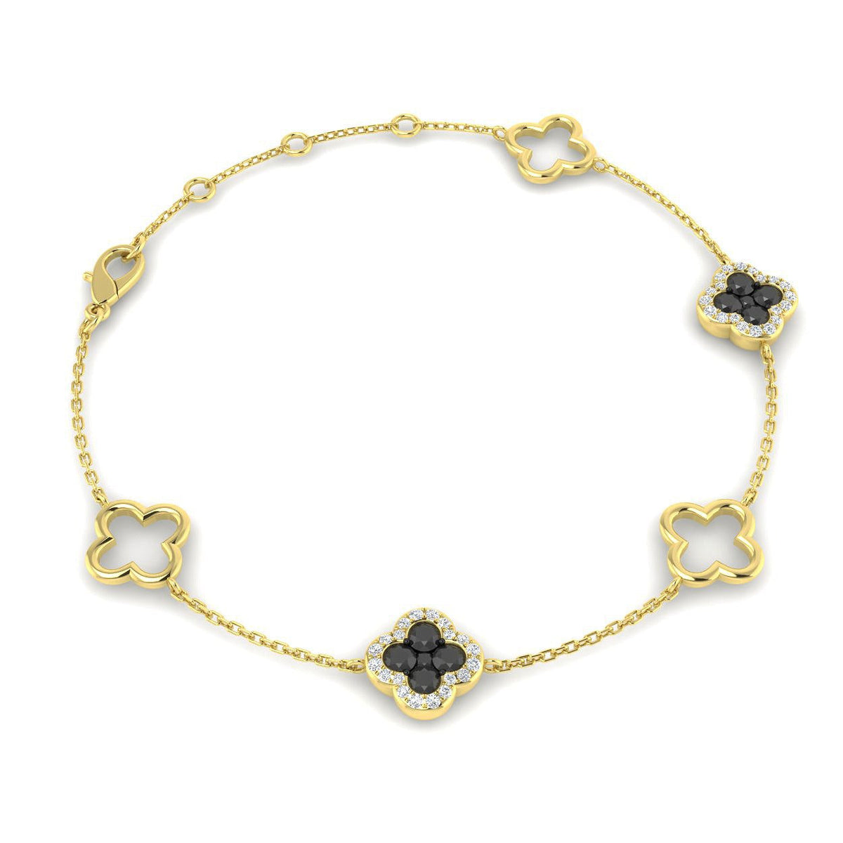 Elegant Natural Round Black Diamond Clover Chain Bracelet in Gold or in 10K/14K gold and platinum with certified lab-grown or natural diamonds