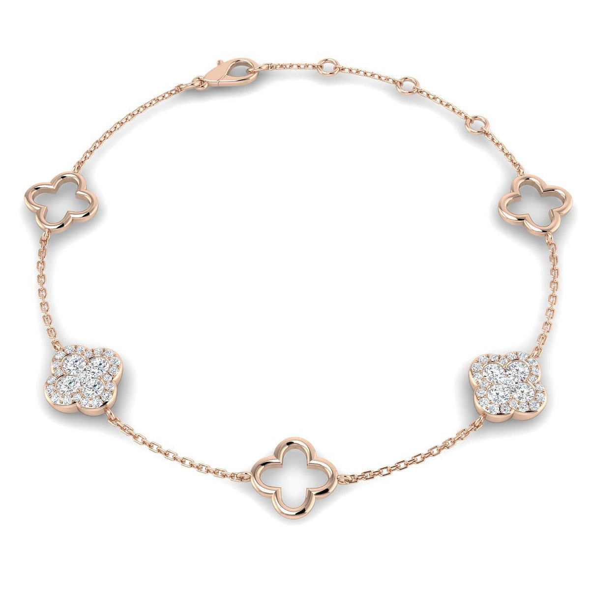 Platinum Lab Grown Diamond Pave Four Leaf Clover Bracelet in 10K/14K gold and platinum with certified lab-grown or natural diamonds