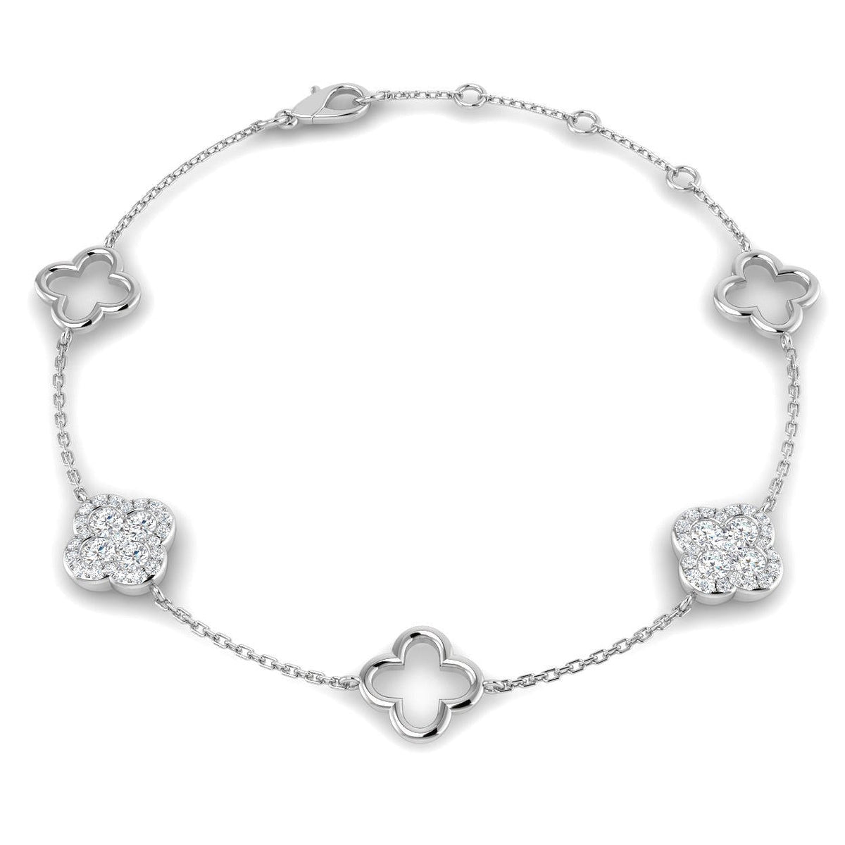 Platinum Lab Grown Diamond Pave Four Leaf Clover Bracelet in 10K/14K gold and platinum with certified lab-grown or natural diamonds