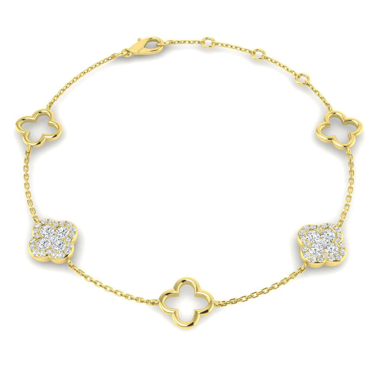 Platinum Lab Grown Diamond Pave Four Leaf Clover Bracelet in 10K/14K gold and platinum with certified lab-grown or natural diamonds