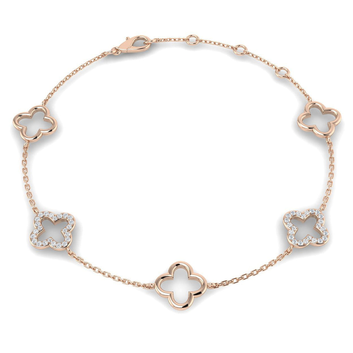 Natural or Lab Grown Diamond Clover Chain Bracelet in 10K/14K gold and platinum with certified lab-grown or natural diamonds