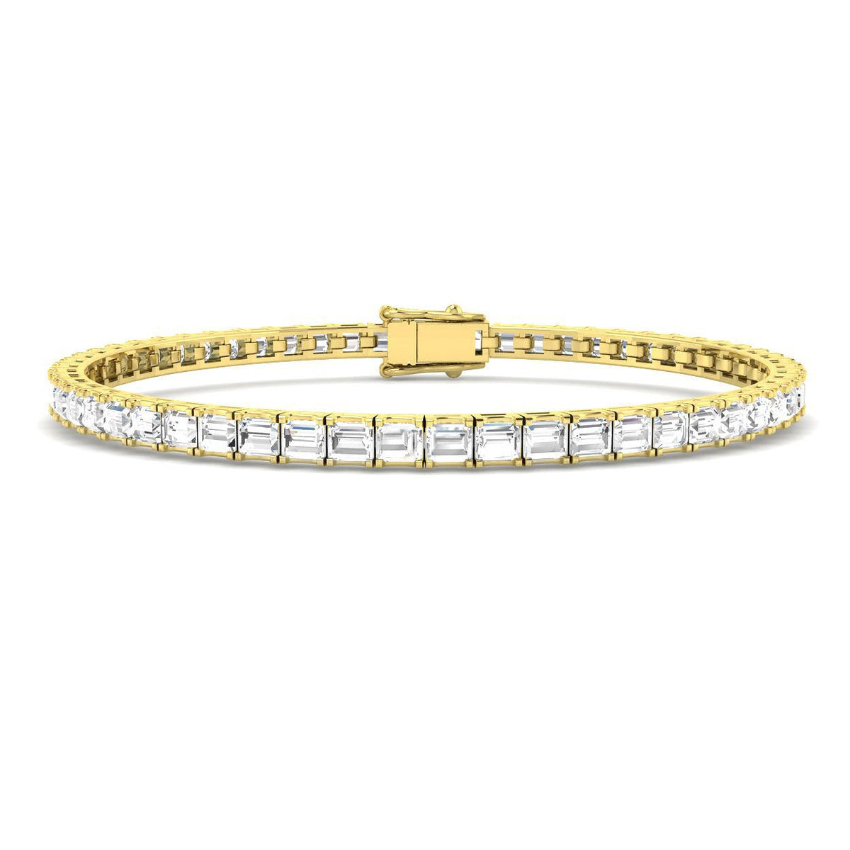 Baguette Cut Lab Grown Diamond Prong Set Link Tennis Bracelet in Platinum with Box Clasp in 10K/14K gold and platinum with certified lab-grown or natural diamonds