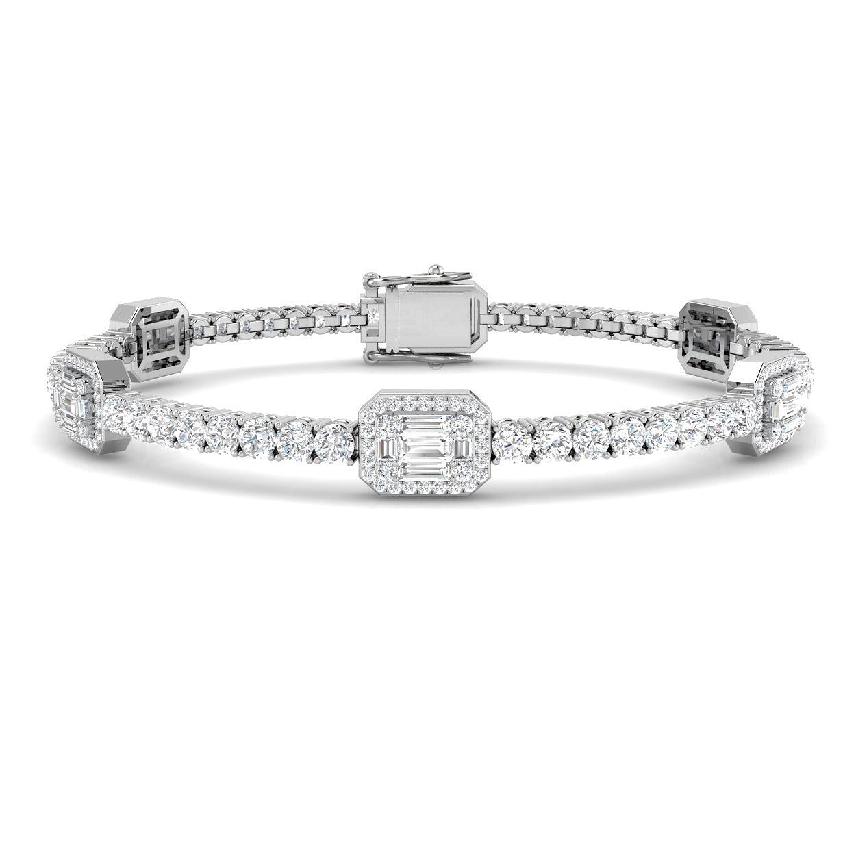 Emerald Style Round & Baguette Diamond Halo Bracelet in 10K/14K gold and platinum with certified lab-grown or natural diamonds