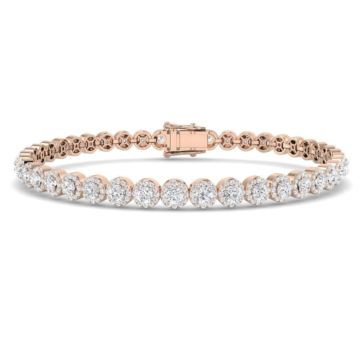 Lab Grown Diamond Halo Tennis Bracelet with Box Clasp & Safety Lock in 10K/14K gold and platinum with certified lab-grown or natural diamonds