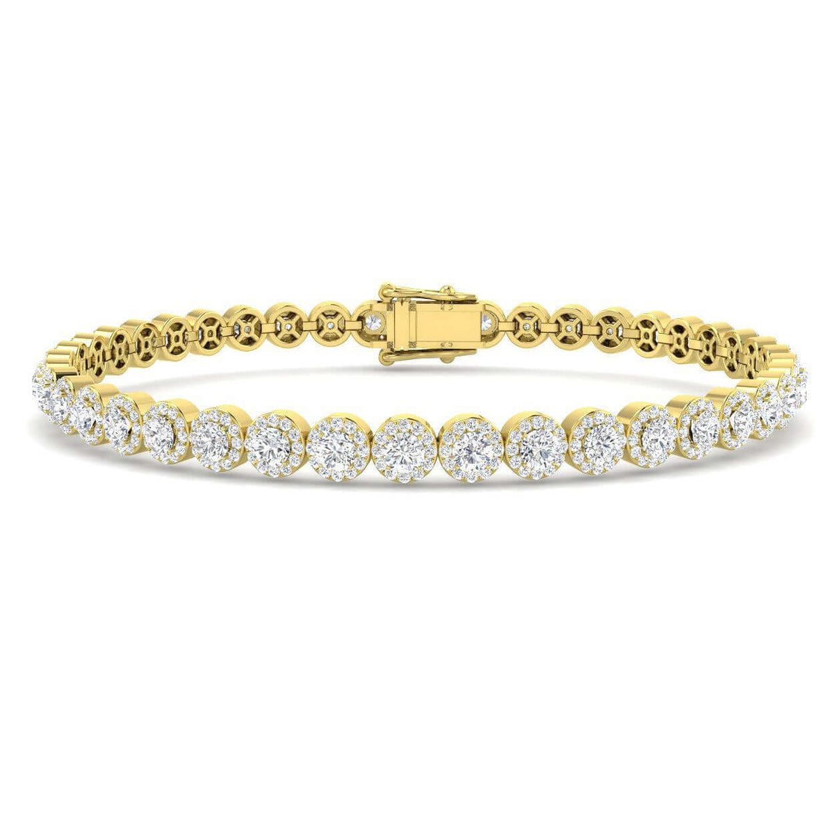 Lab Grown Diamond Halo Tennis Bracelet with Box Clasp & Safety Lock in 10K/14K gold and platinum with certified lab-grown or natural diamonds