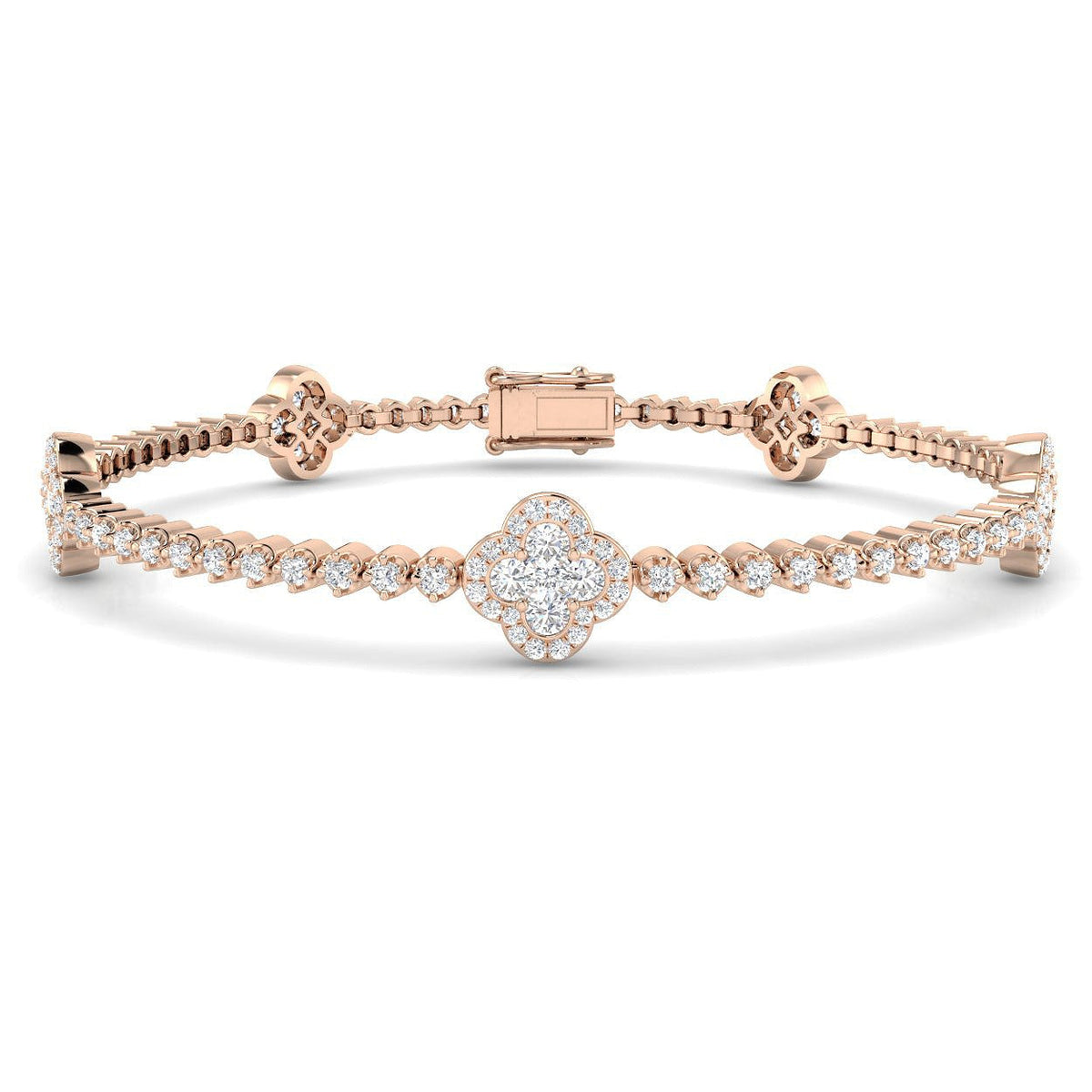 Natural Diamond Clover Link Tennis Bracelet Solid Gold with Box Clasp in 10K/14K gold and platinum with certified lab-grown or natural diamonds