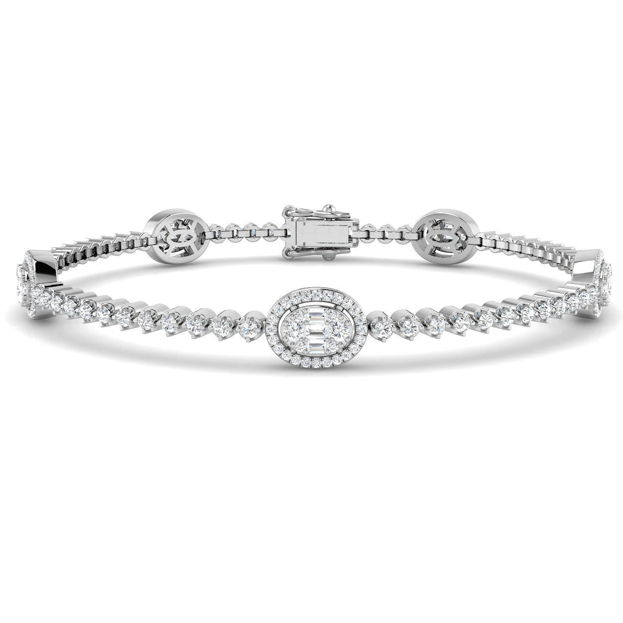 Round & Baguette Diamond Halo Bracelet in Gold & in 10K/14K gold and platinum with certified lab-grown or natural diamonds