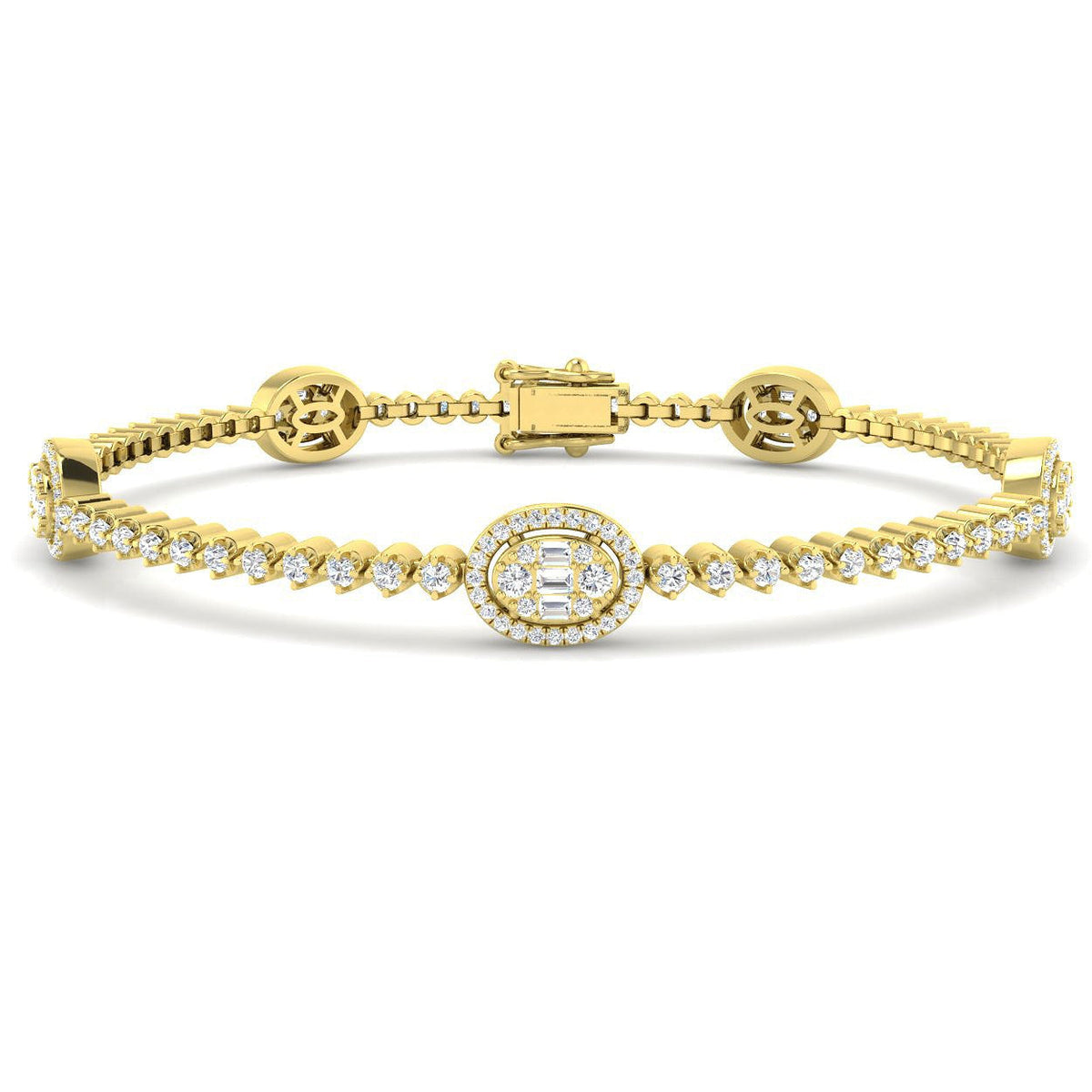 Round & Baguette Diamond Halo Bracelet in Gold & in 10K/14K gold and platinum with certified lab-grown or natural diamonds