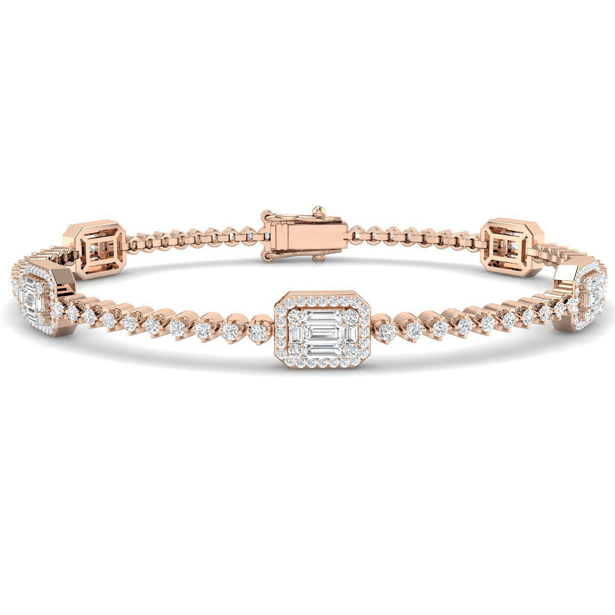 Baguette & Round Diamond Halo Bracelet in 10K/14K gold and platinum with certified lab-grown or natural diamonds
