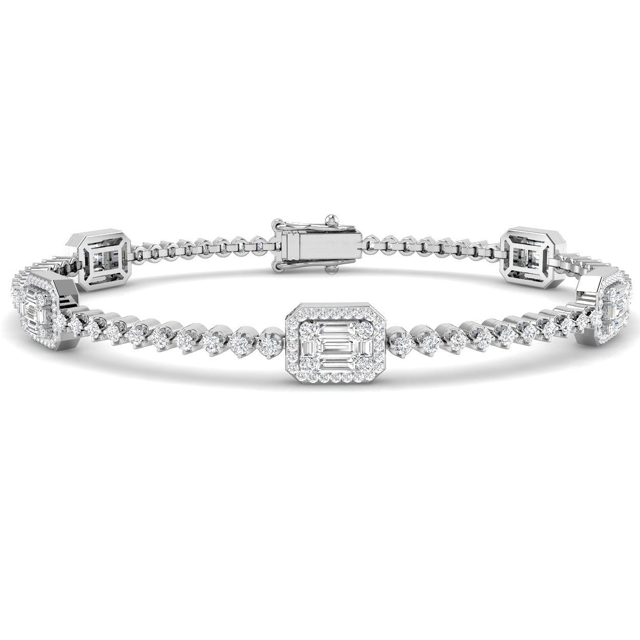 Baguette & Round Diamond Halo Bracelet in 10K/14K gold and platinum with certified lab-grown or natural diamonds