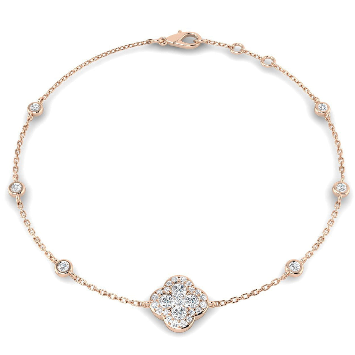 Clover Diamond Chain Bracelet with Bezel & Pave Set Natural Diamonds in 10K/14K gold and platinum with certified lab-grown or natural diamonds
