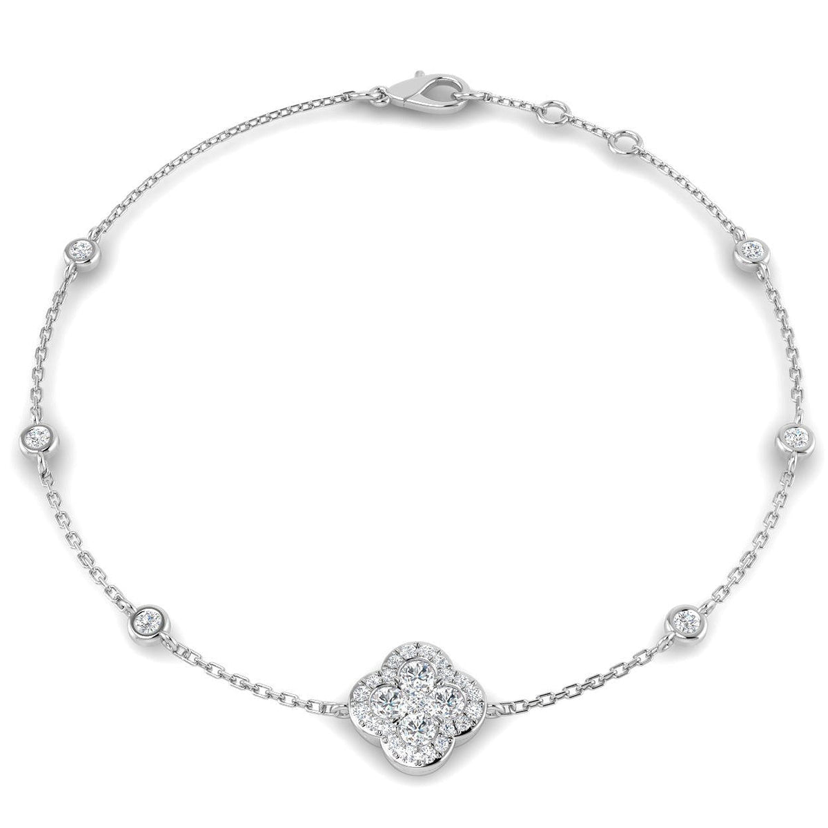 Clover Diamond Chain Bracelet with Bezel & Pave Set Natural Diamonds in 10K/14K gold and platinum with certified lab-grown or natural diamonds