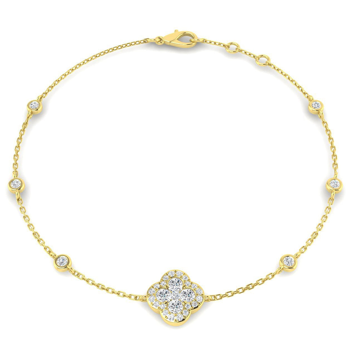 Clover Diamond Chain Bracelet with Bezel & Pave Set Natural Diamonds in 10K/14K gold and platinum with certified lab-grown or natural diamonds