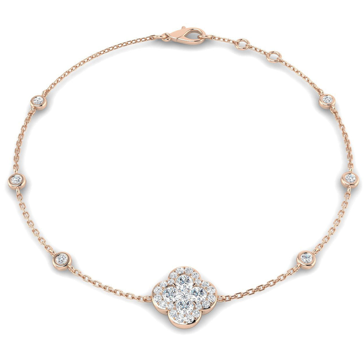 Clover Diamond Chain Bracelet with Bezel & Pave Set Natural Diamonds in 10K/14K gold and platinum with certified lab-grown or natural diamonds