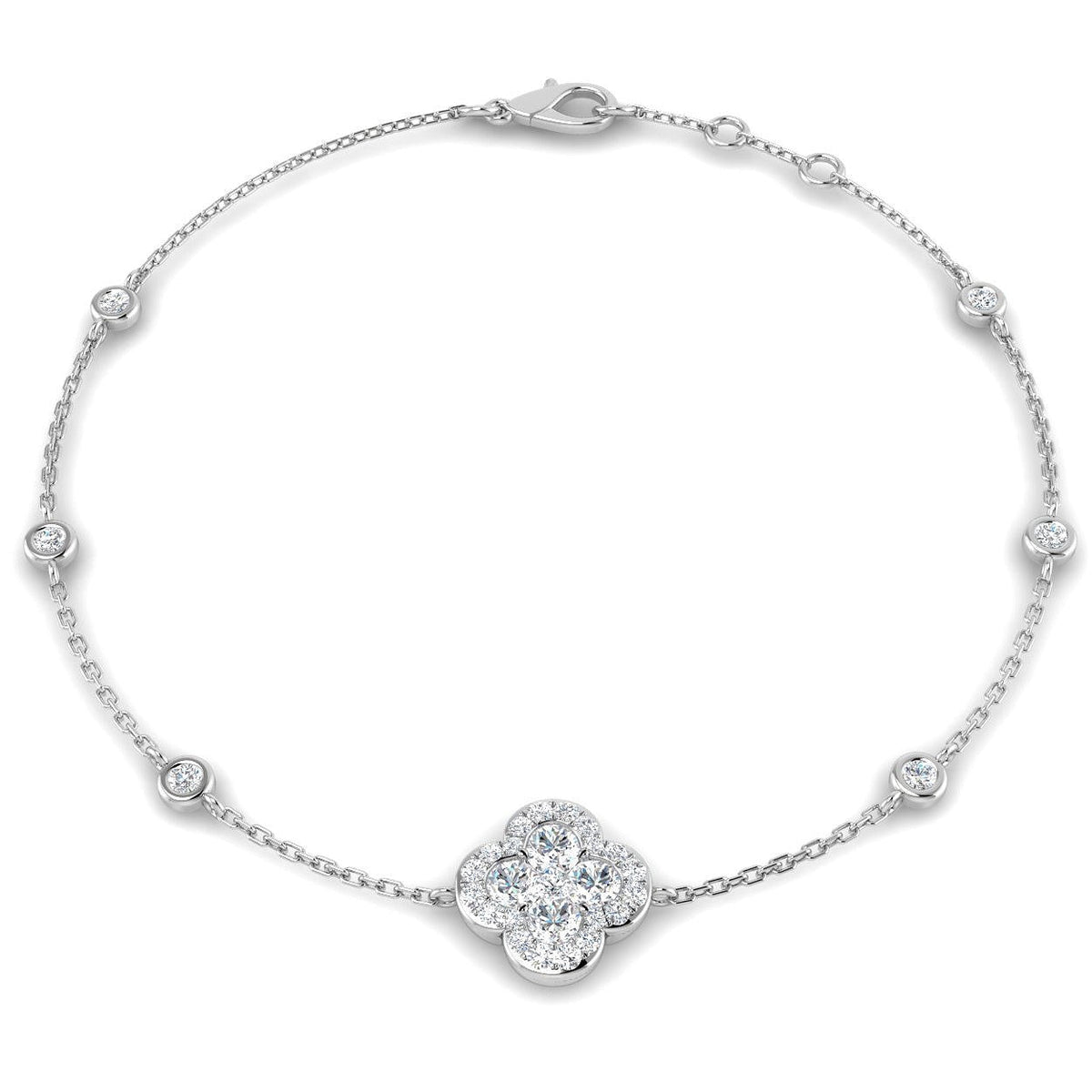 Clover Diamond Chain Bracelet with Bezel & Pave Set Natural Diamonds in 10K/14K gold and platinum with certified lab-grown or natural diamonds