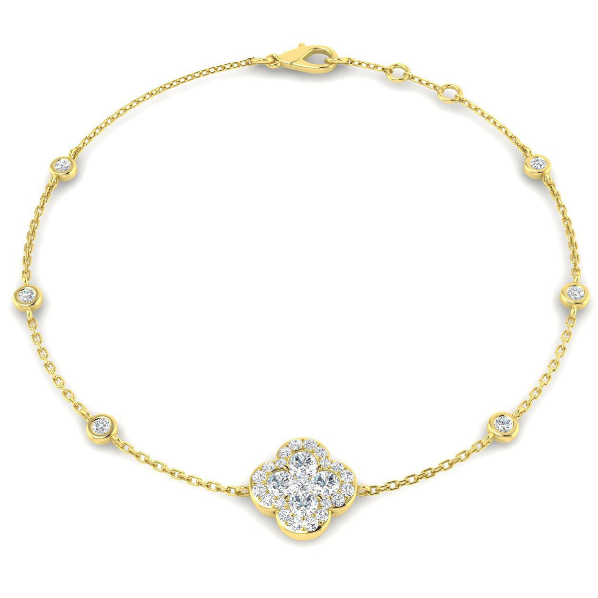 Clover Diamond Chain Bracelet with Bezel & Pave Set Natural Diamonds in 10K/14K gold and platinum with certified lab-grown or natural diamonds