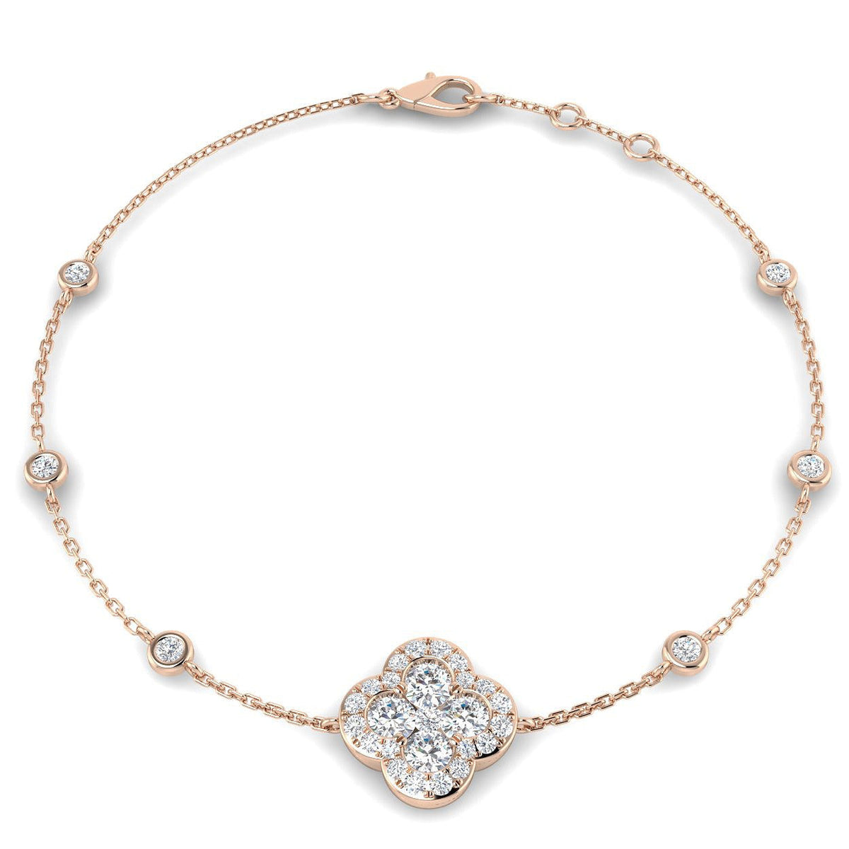Clover Diamond Chain Bracelet with Bezel & Pave Set Natural Diamonds in 10K/14K gold and platinum with certified lab-grown or natural diamonds