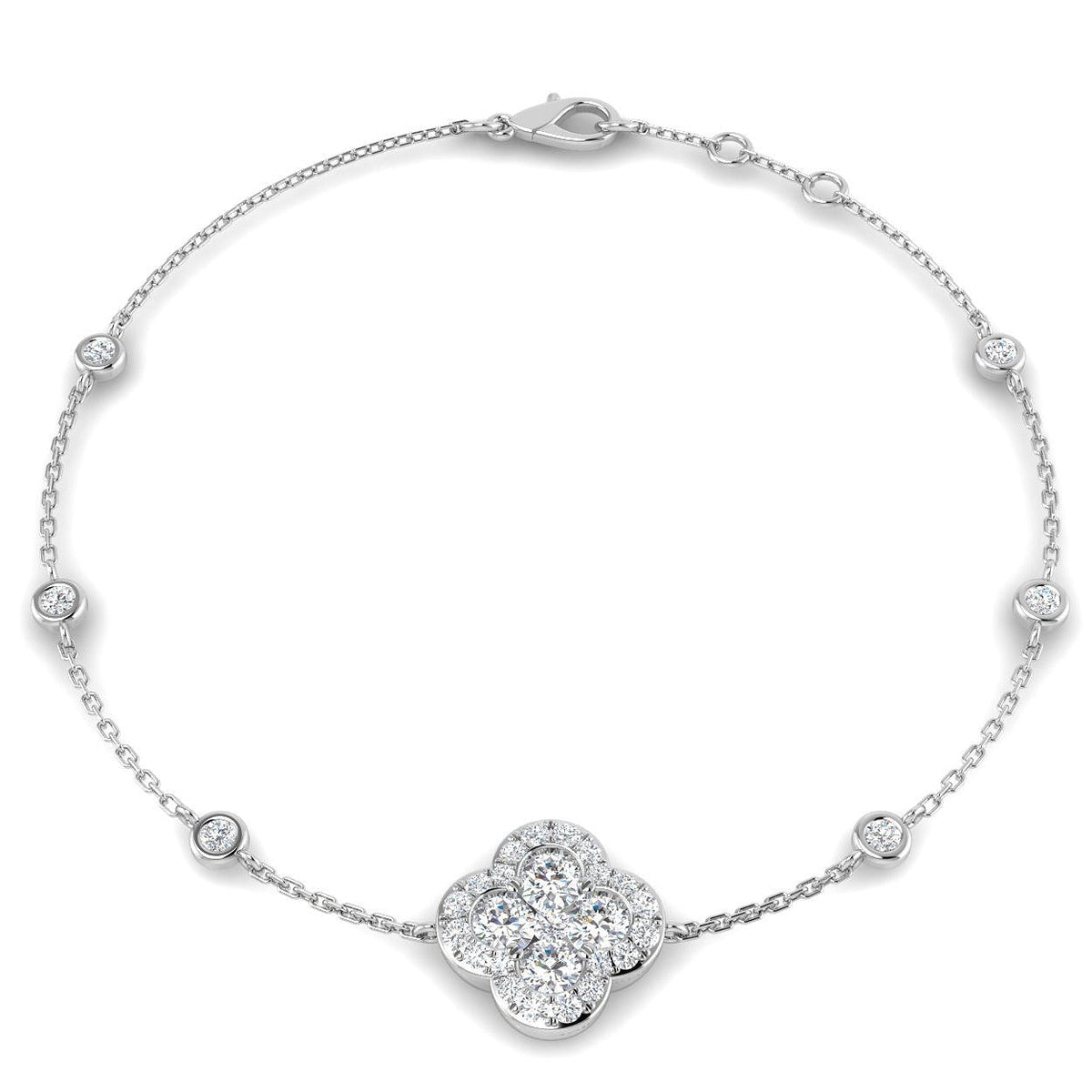 Clover Diamond Chain Bracelet with Bezel & Pave Set Natural Diamonds in 10K/14K gold and platinum with certified lab-grown or natural diamonds