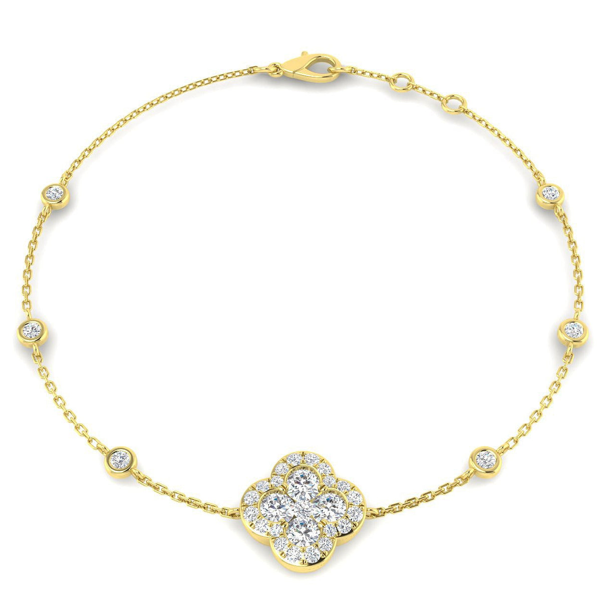 Clover Diamond Chain Bracelet with Bezel & Pave Set Natural Diamonds in 10K/14K gold and platinum with certified lab-grown or natural diamonds