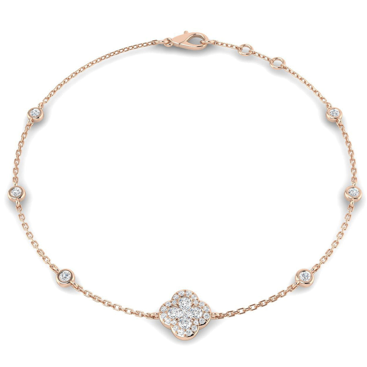 Clover Diamond Chain Bracelet with Bezel & Pave Set Natural Diamonds in 10K/14K gold and platinum with certified lab-grown or natural diamonds
