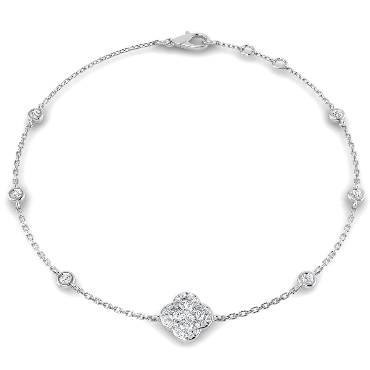 Clover Diamond Chain Bracelet with Bezel & Pave Set Natural Diamonds in 10K/14K gold and platinum with certified lab-grown or natural diamonds