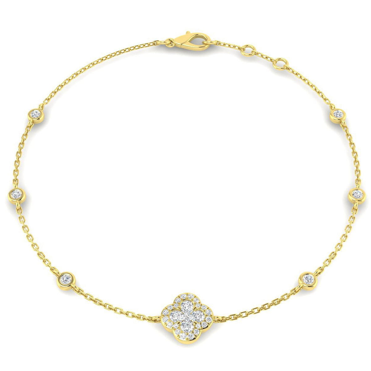 Clover Diamond Chain Bracelet with Bezel & Pave Set Natural Diamonds in 10K/14K gold and platinum with certified lab-grown or natural diamonds